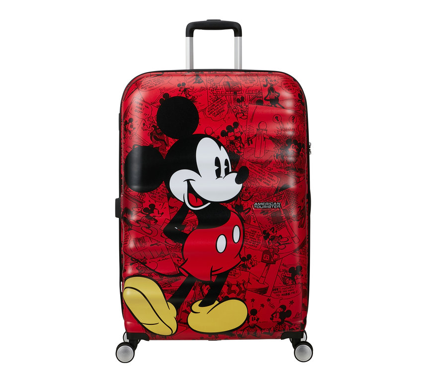 Roter American Tourister Wavebreaker Koffer mit Mickey Mouse Motiv, groß.