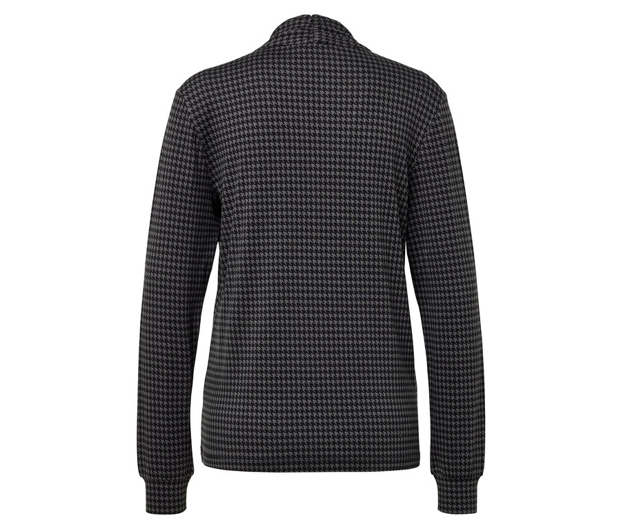 Detail der Rückseite eines Hahnentritt-Pullovers in Schwarz und Grau.