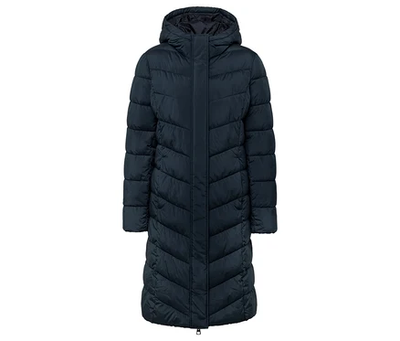 Dunkelblaue Steppjacke mit Kapuze.