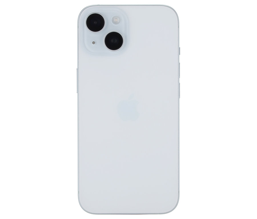 Rückseite eines hellblauen Apple iPhone 15.