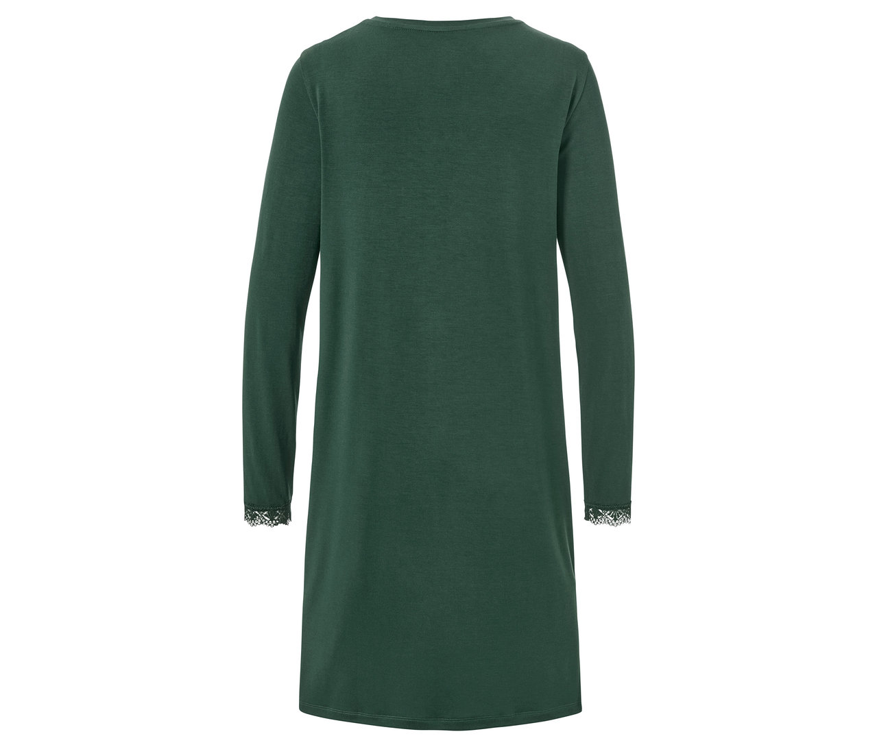 Rückansicht eines grünen Nachthemds mit langen Ärmeln und Spitzenbesatz an den Manschetten.
