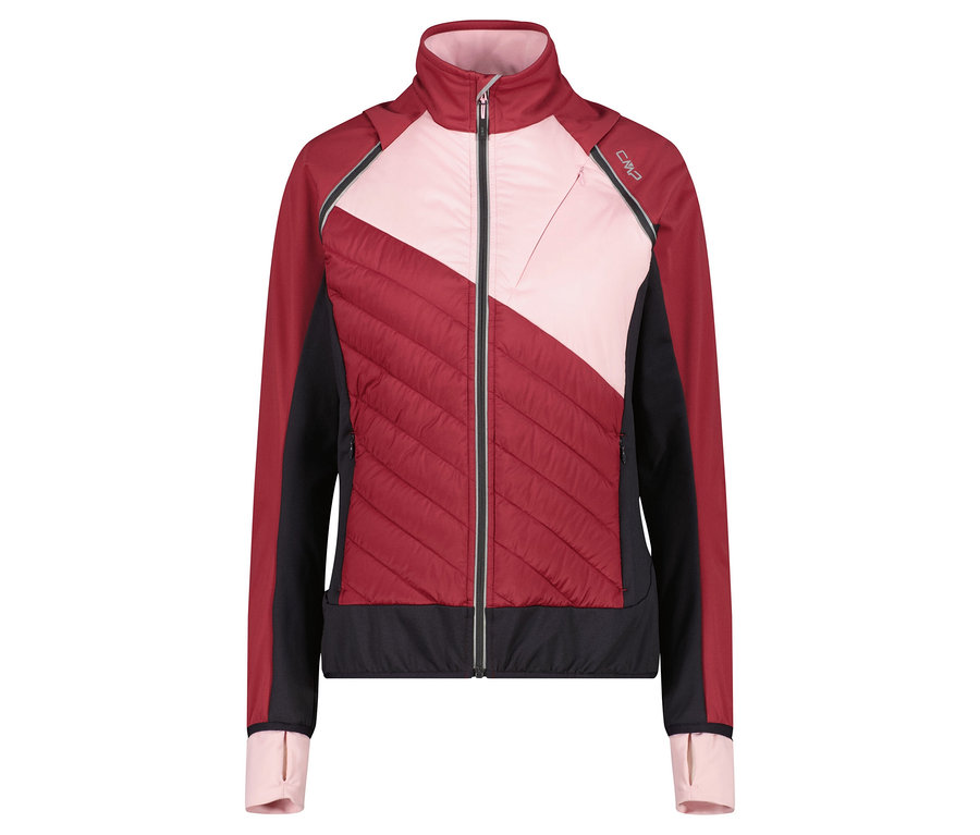 Weinrote Color-Block-Jacke mit rosa und schwarzen Einsätzen.