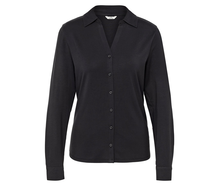 Schwarze, langärmlige Bluse mit Knöpfen.