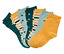 Sechs Paar Socken in verschiedenen Farben und Mustern liegen nebeneinander.