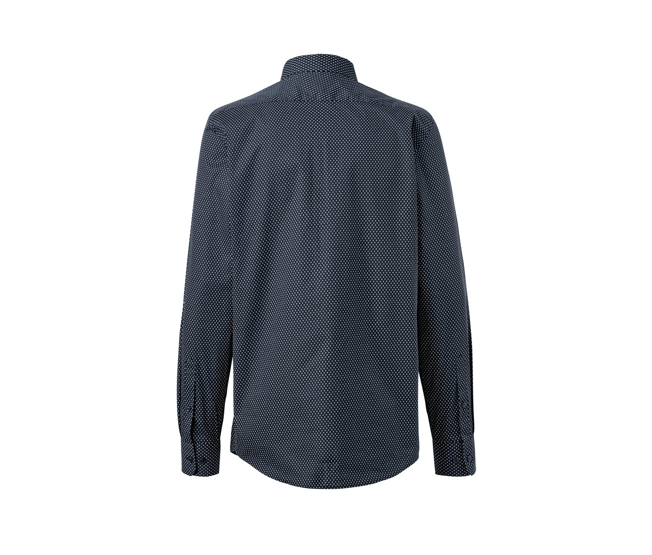 Detailansicht eines Hemdes in Modern Fit mit einem dunkelblauen geometrischen Muster.