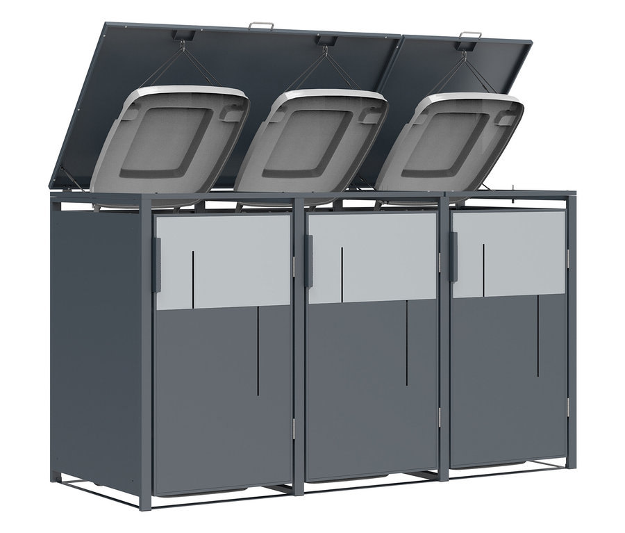 Drei graue Mülltonnen zur Mülltrennung mit geöffneten Deckeln.