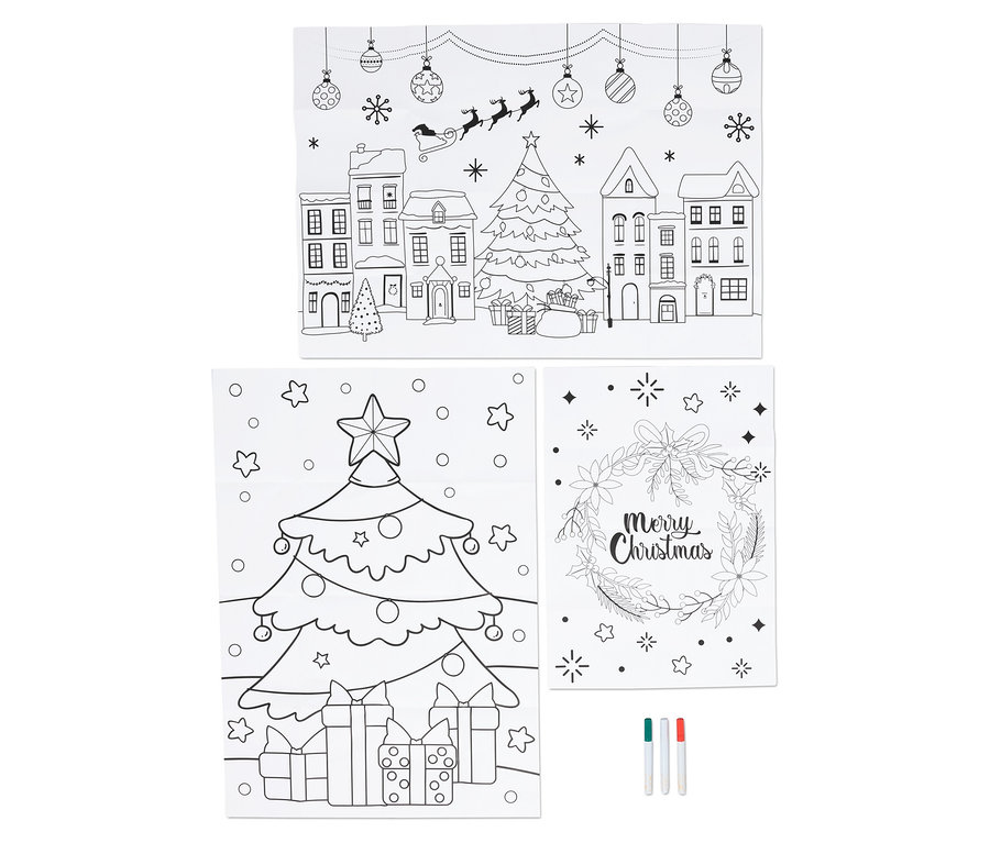 Das Bild zeigt drei Malvorlagen mit weihnachtlichen Motiven und drei Filzstifte.