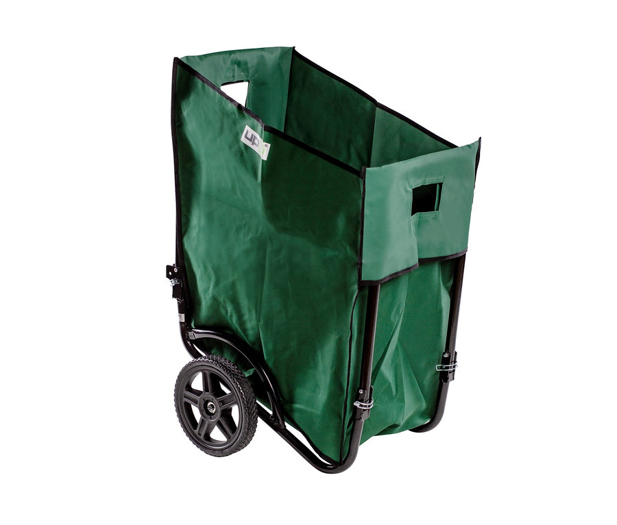 Zusammenklappbarer Laub- und Gartenkarre in Grün mit schwarzem Rahmen und Rädern.