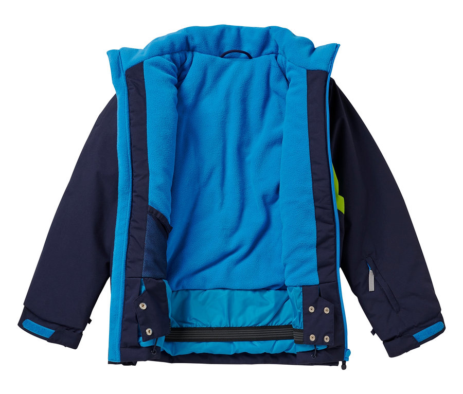 Geöffnete marineblaue Jako-O Schneejacke mit hellblauem Fleecefutter.