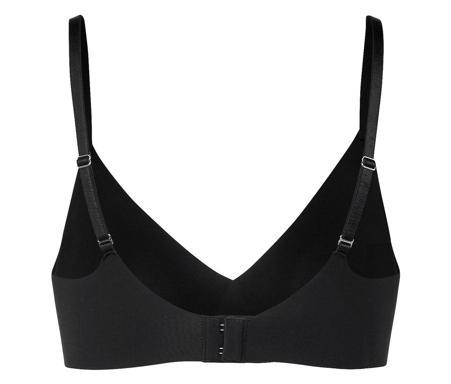 Detailansicht eines schwarzen BHs mit verstellbaren Trägern und Hakenverschluss.