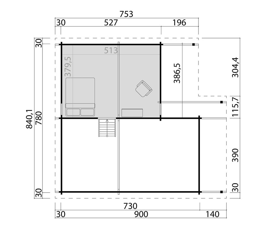 Grundriss eines zweistöckigen Weka Wochenendhauses mit 66 m2 Wohnfläche und 70 mm Wandstärke. Oben Schlafzimmer und Wohnzimmer, unten Treppe und leerer Raum.