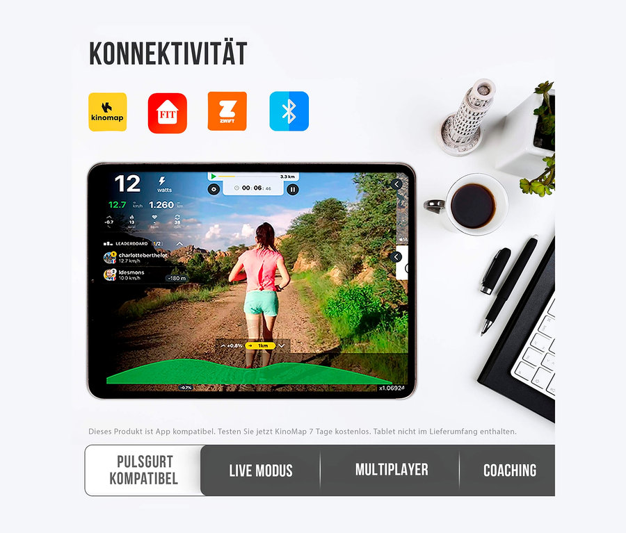 Tablet zeigt eine Frau, die draußen mit der Walking-Pad »4.1«-App läuft.