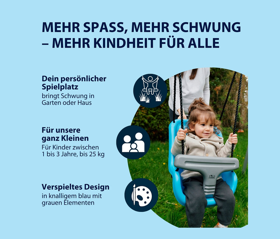 Kleinkind sitzt in blauer HUDORA Baby-Hochschaukel im Freien.