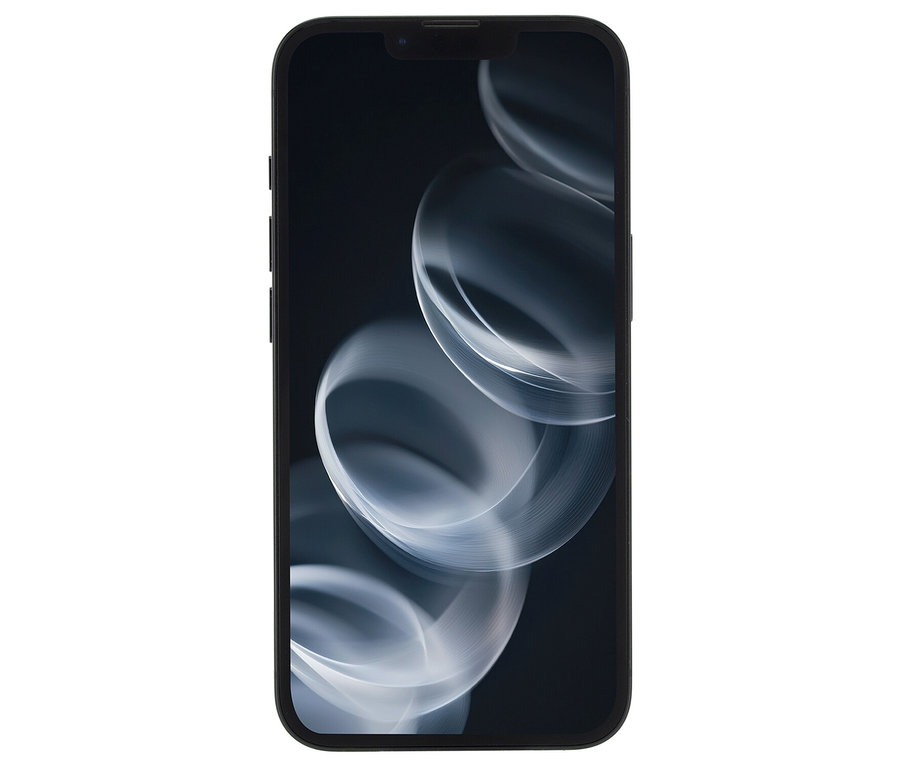 Detailansicht eines schwarzen Mobiltelefons mit einem abstrakten Muster auf dem Bildschirm. Das Apple iPhone 16e 128 GB ist in Schwarz dargestellt.