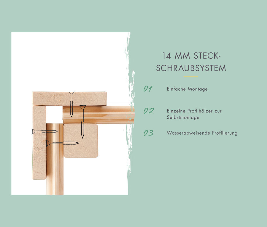 Detail einer Holzkonstruktion des Karibu Anzucht-Gewächshauses Franzi mit 14 mm Steck-Schraubsystem, das das Montagesystem darstellt.