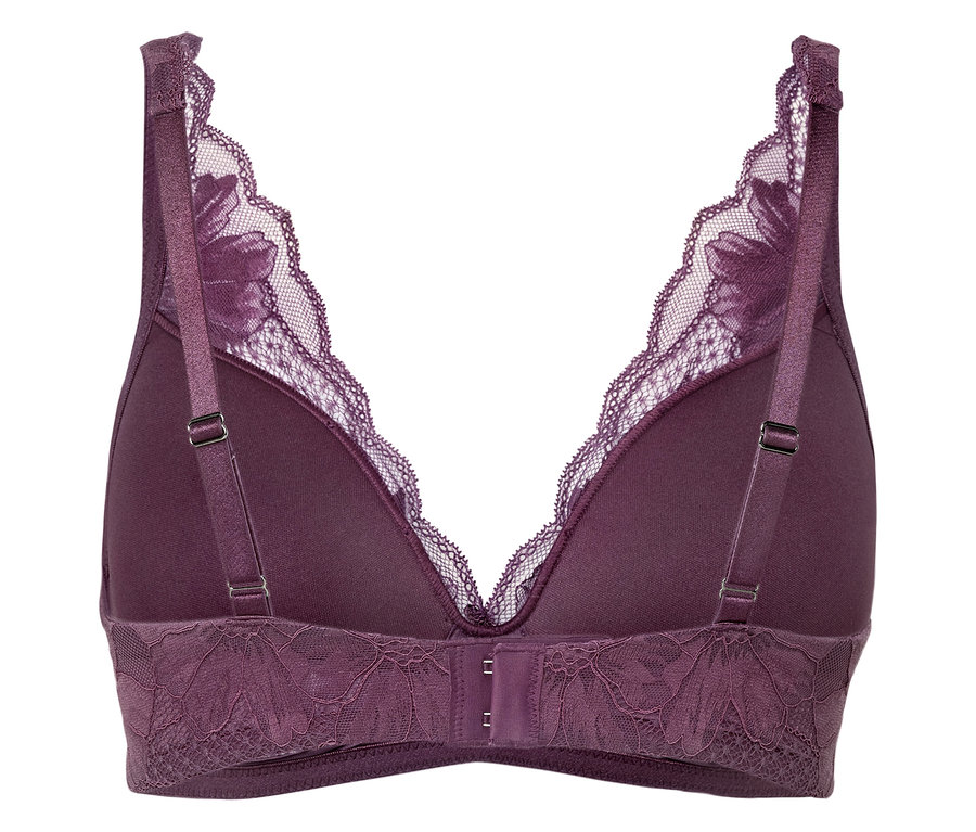 Detailaufnahme eines violetten BHs mit Spitze und verstellbaren Trägern, Rückansicht.