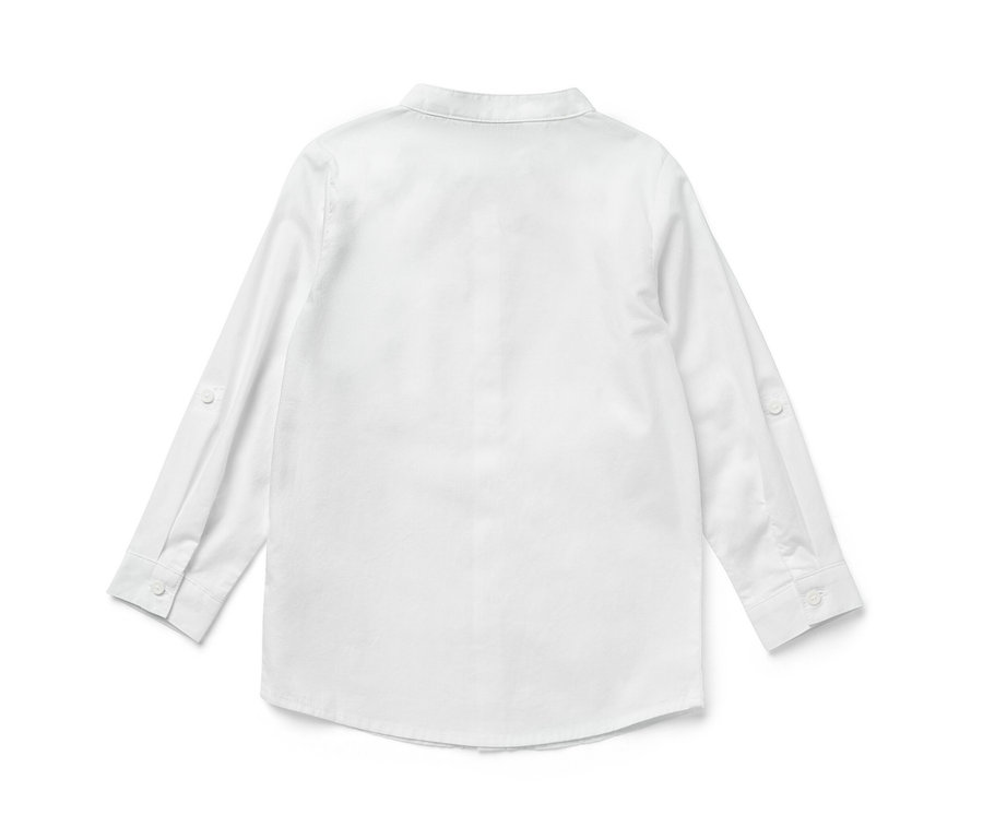 Rückansicht eines weißen Kinder-Hemdes mit langen Ärmeln.