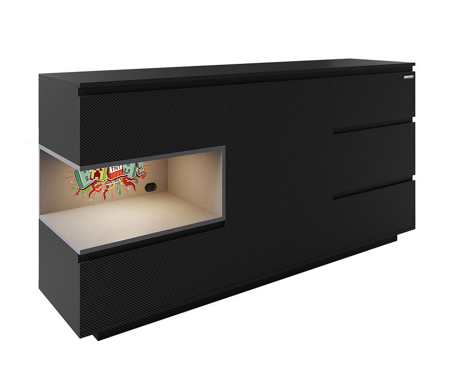 Schwarzes roba Minecraft Sideboard mit offenem Fach mit Minecraft-Motiv.