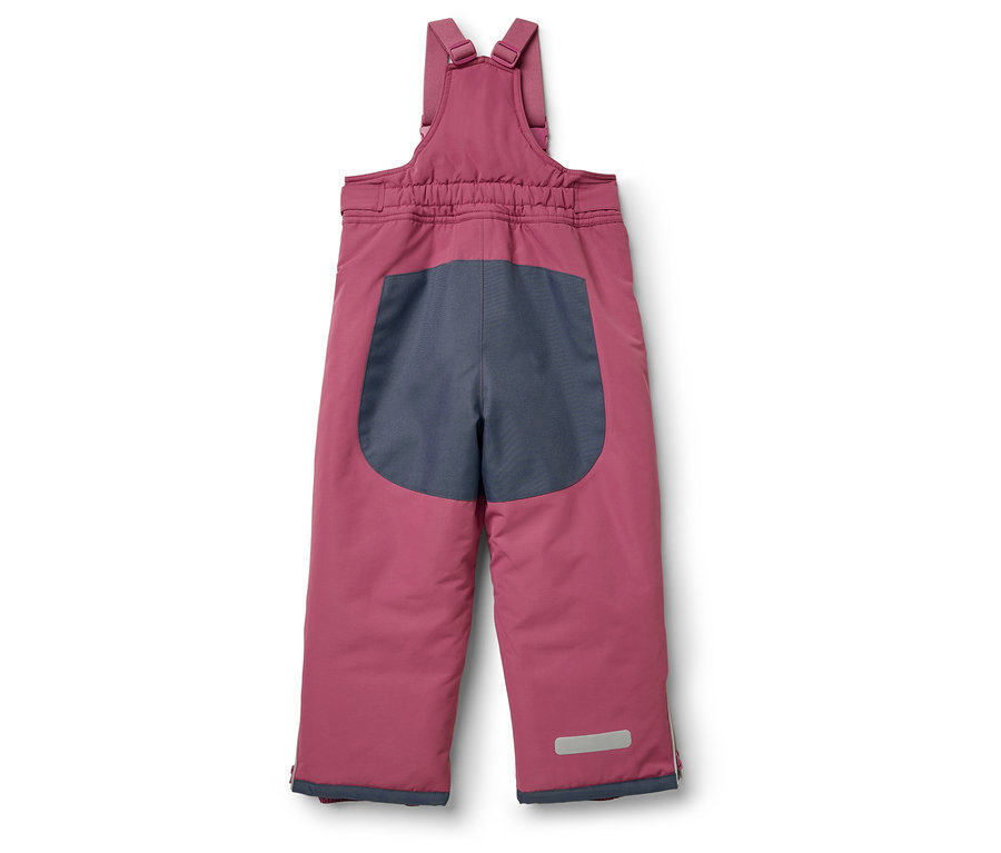 Rosa Skihose mit Latz und grauem Rückenteil.