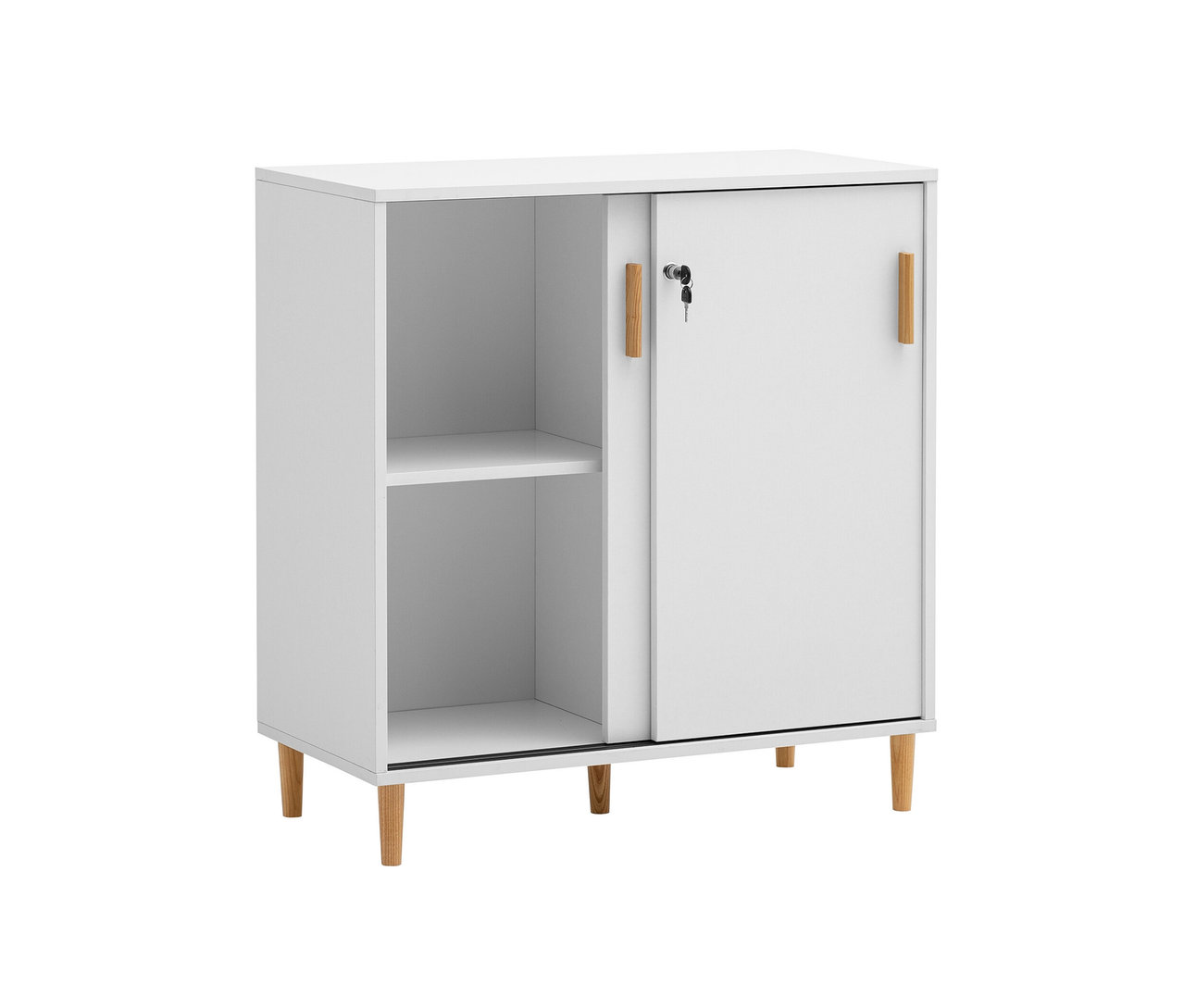 Weißer Aktenschrank »Torge« mit Holzfüßen und -griffen.