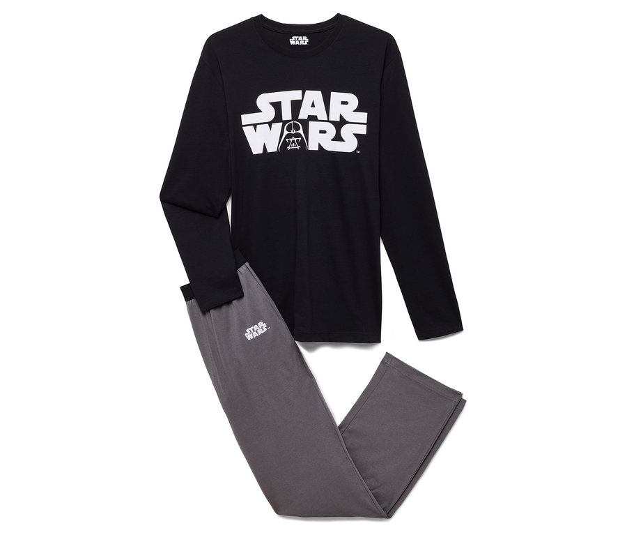 Schwarz-grauer Star Wars Schlafanzug mit langärmeligem Oberteil und Hose liegt auf einem weißen Hintergrund.