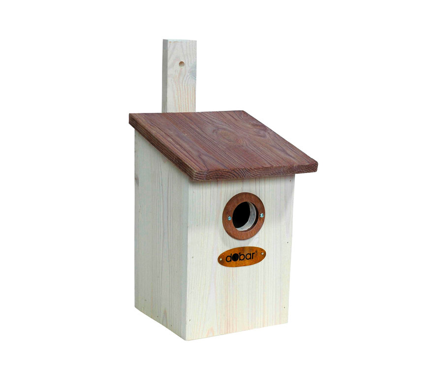 Dobar-Beobachtungsnistkasten »Späher« Vogelhaus mit braunem Dach und rundem Eingang.