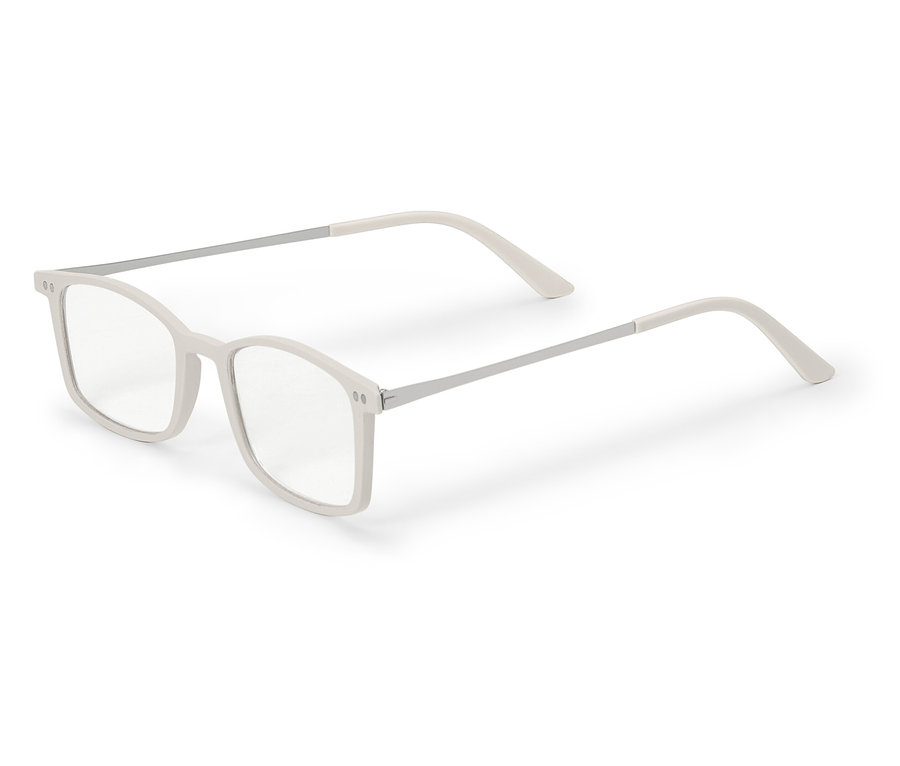 Weiße Brille mit rechteckigen Gläsern auf weißem Hintergrund.