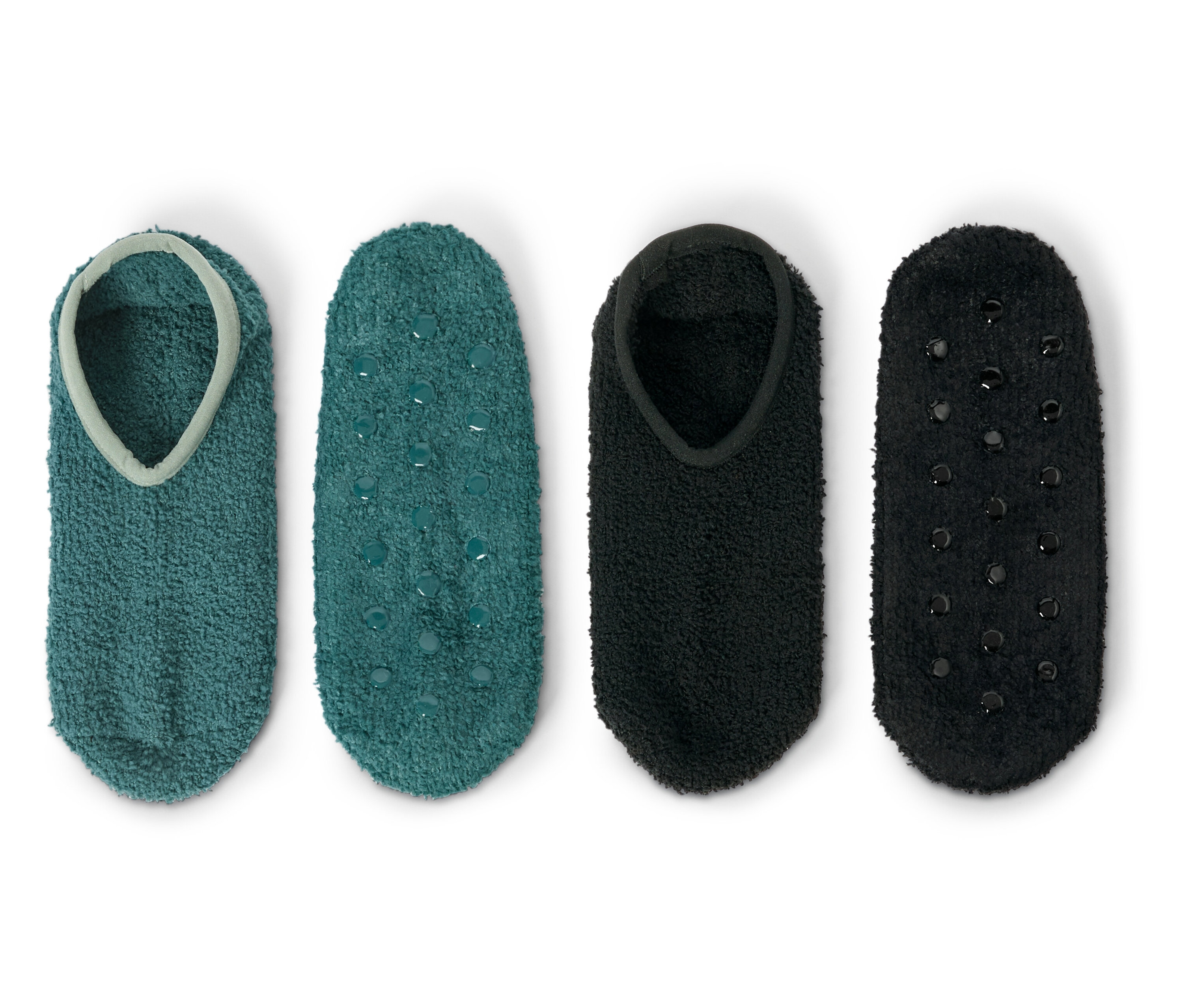 Zwei Paar Anti-Rutsch-Socken: ein Paar in Türkis und ein Paar in Schwarz.