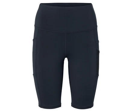 Schwarze, knielange Leggings mit hohem Bund und Taschen an den Oberschenkeln.