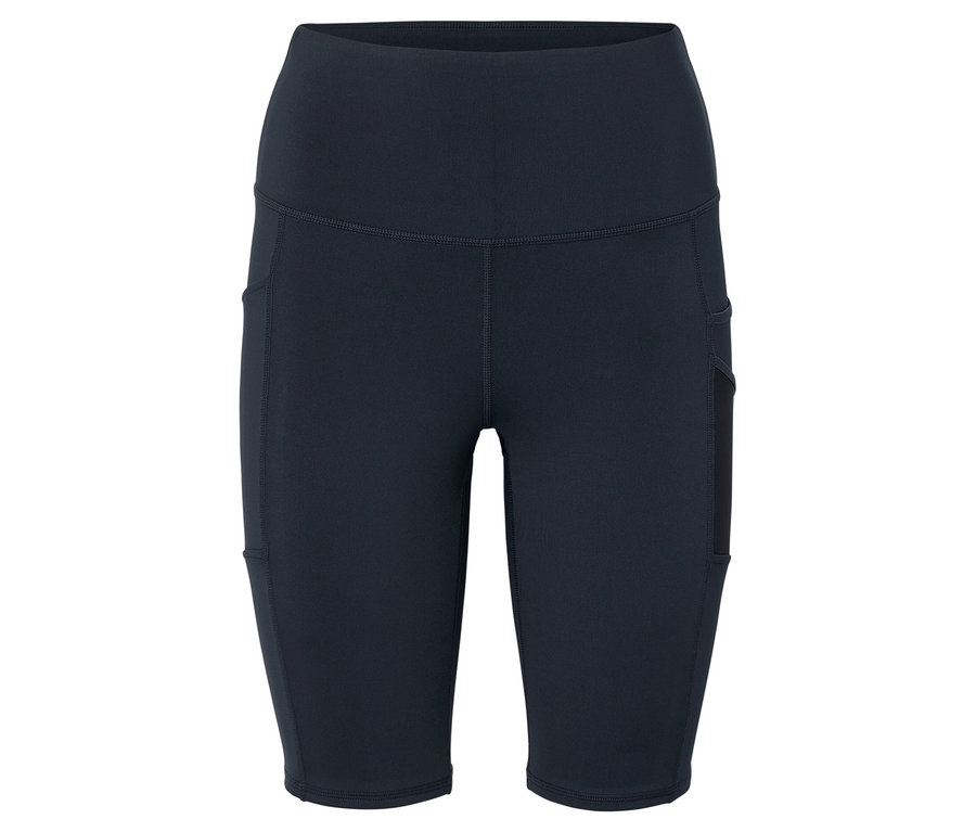 Schwarze, knielange Leggings mit hohem Bund und Taschen an den Oberschenkeln.