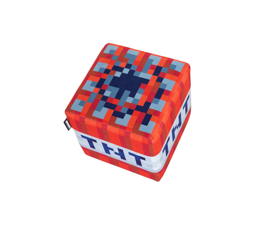 Ein roter Minecraft Sitzhocker mit blau-grauem Pixelmuster und dem Schriftzug THT.