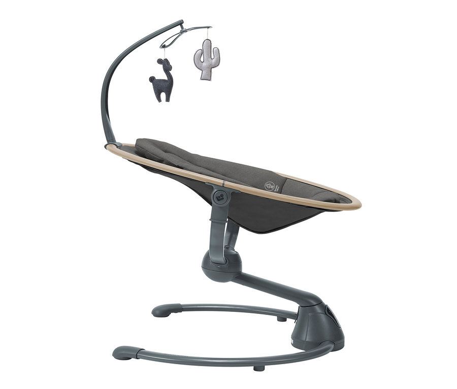 Detailansicht der Maxi-Cosi Elektrische Schaukel »Cassia« mit Spielzeugen, die über dem Sitz hängen.