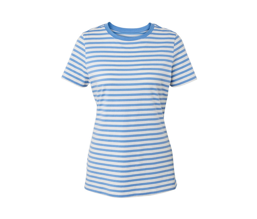 Ein hellblau-weiß gestreiftes Basic T-Shirt.