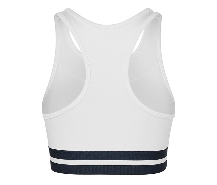 Detailansicht von hinten eines weißen Sport-Bustiers »Crop Top«.