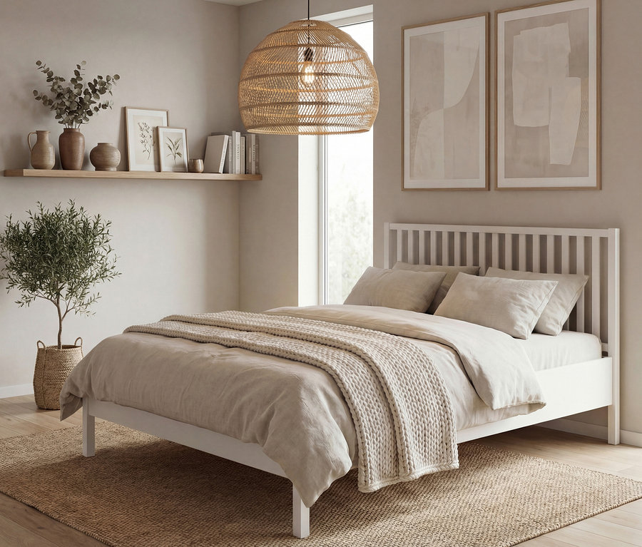 Ein weißes Bett mit beigen Kissen und einer Decke steht auf einem Teppich. Über dem Bett hängt eine geflochtene Lampe.