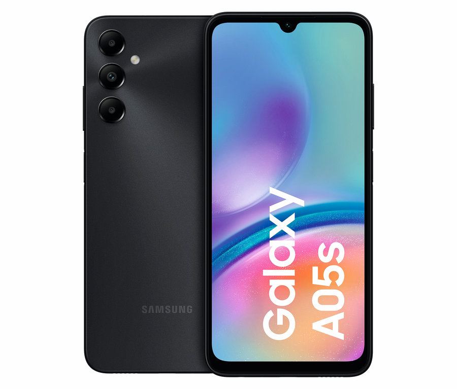 Vorder- und Rückseite eines schwarzen Samsung Galaxy A05s LTE 64GB Smartphones sind dargestellt.