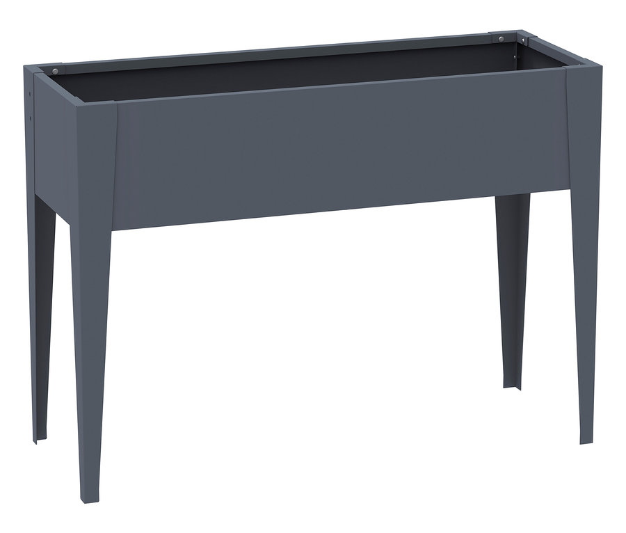 Ein grauer Pflanzkasten mit vier Beinen.