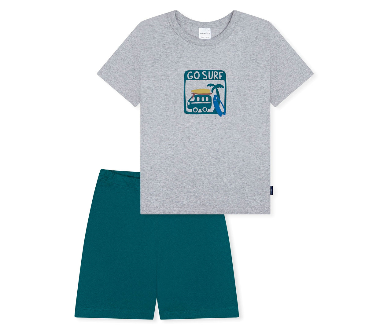 SCHIESSER Kurzer Kinder-Pyjama: Graues T-Shirt mit "GO SURF"-Aufdruck und türkisblaue Shorts.