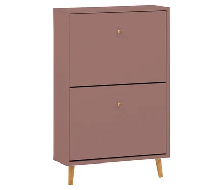 Ein zweitüriger Schuhschrank in Rosa steht auf zwei Holzfüßen.