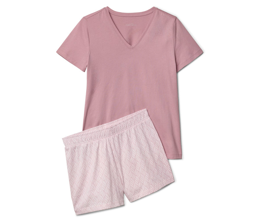 Shorty-Pyjama-Set in Rosa, bestehend aus einem T-Shirt mit V-Ausschnitt und gemusterten Shorts.