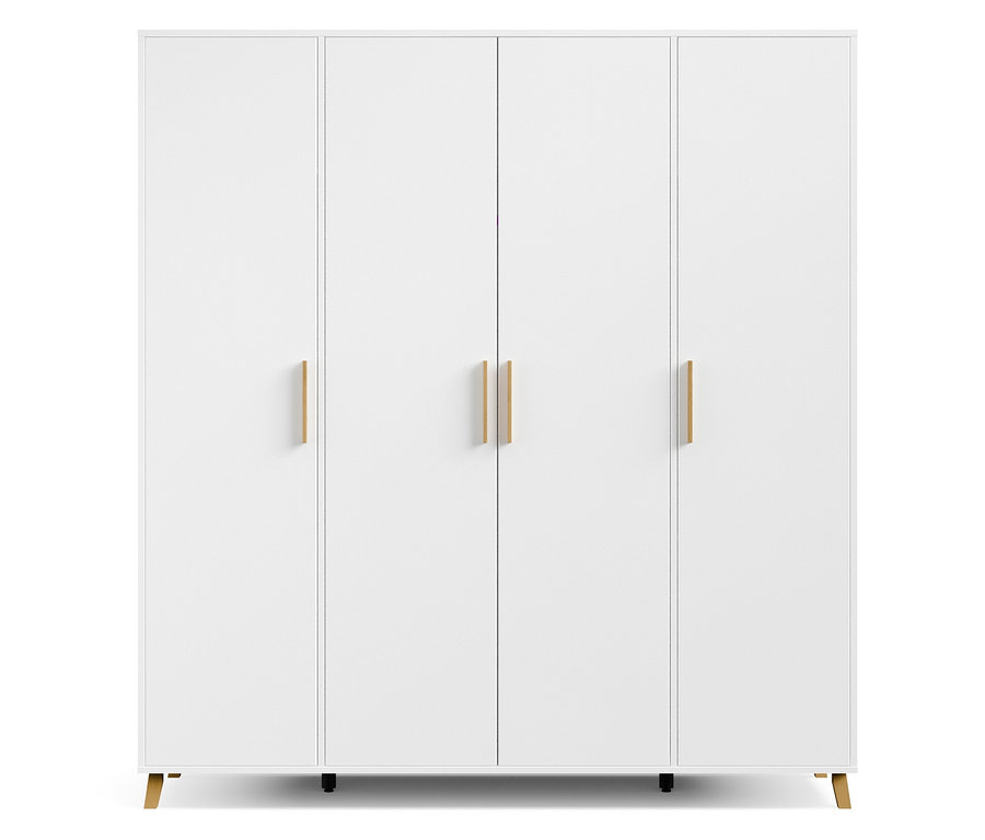 Weißer Schrank mit vier Türen und goldenen Griffen.