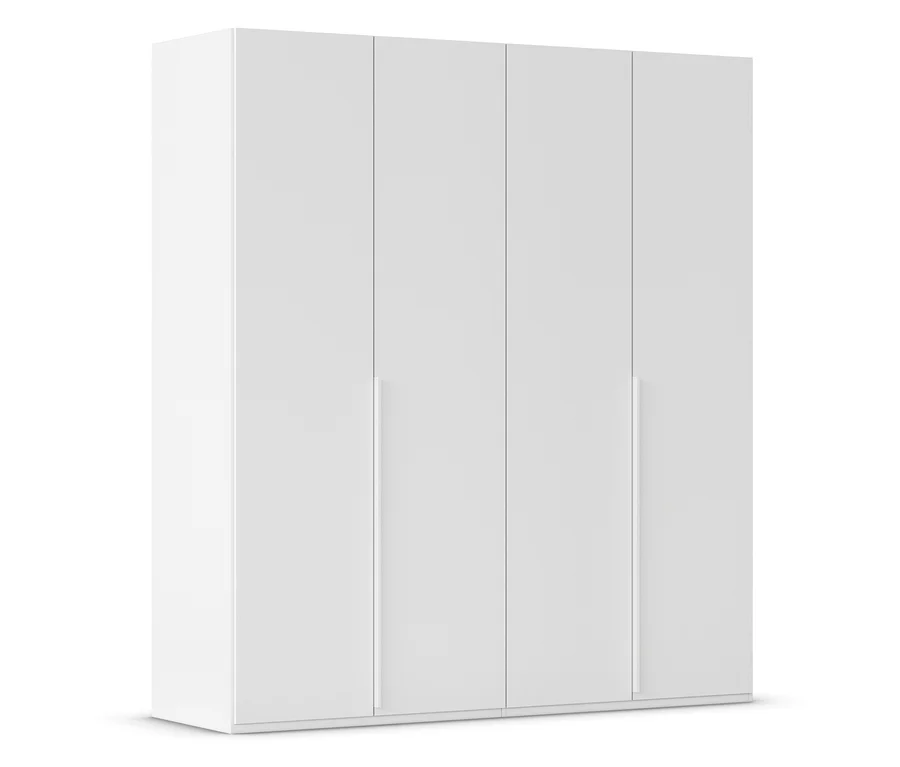 Weißer Kleiderschrank mit vier Türen und langen, schmalen Griffen.