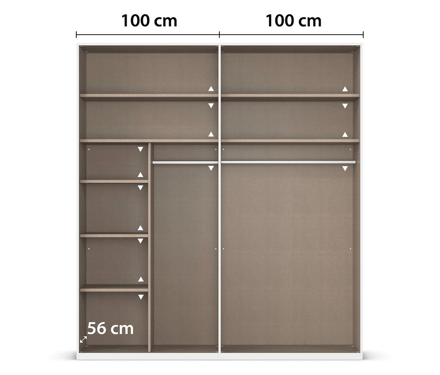 Draufsicht auf einen zweitürigen Kleiderschrank mit Einlegeböden und einer Kleiderstange. Die Maße sind eingezeichnet.