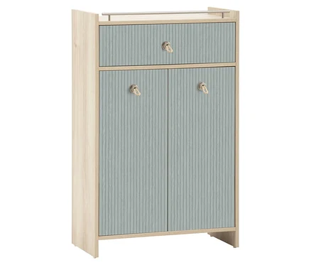 Highboard »Sonderby« mit zwei Türen in Nordic Blue Oak und hellem Holzrahmen, Fronten mit vertikalen Rillen und drei Griffen.