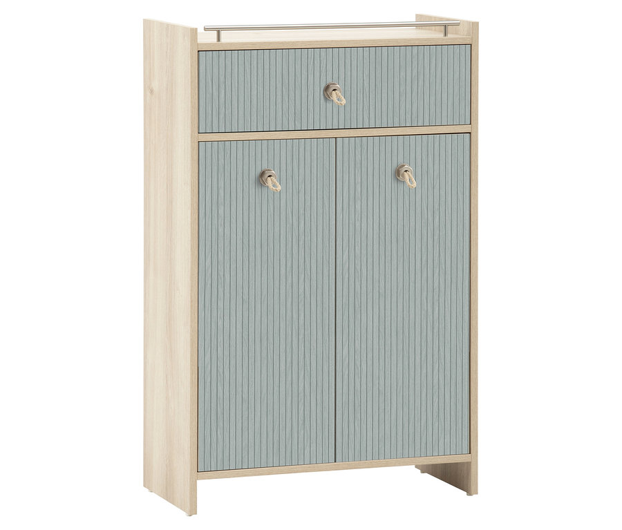 Highboard »Sonderby« mit zwei Türen in Nordic Blue Oak und hellem Holzrahmen, Fronten mit vertikalen Rillen und drei Griffen.