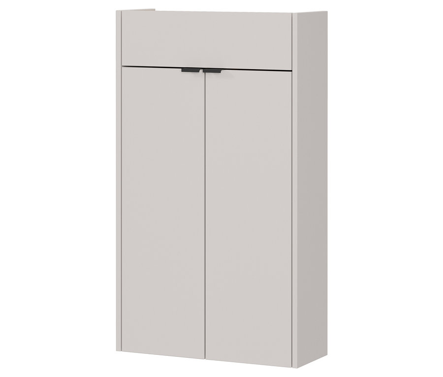 Ein grauer Badezimmerschrank mit zwei Türen und einem Schubfach ist vor einem weißen Hintergrund zu sehen.