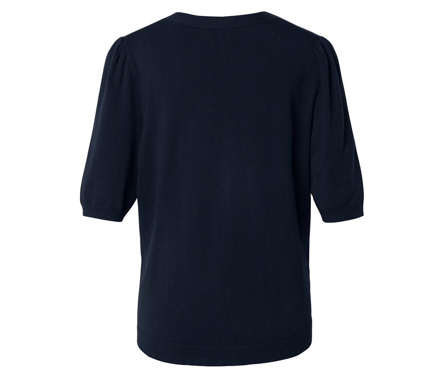 Dunkelblaue Strickjacke mit Puffärmeln, Dreiviertelärmeln und Rundhalsausschnitt.