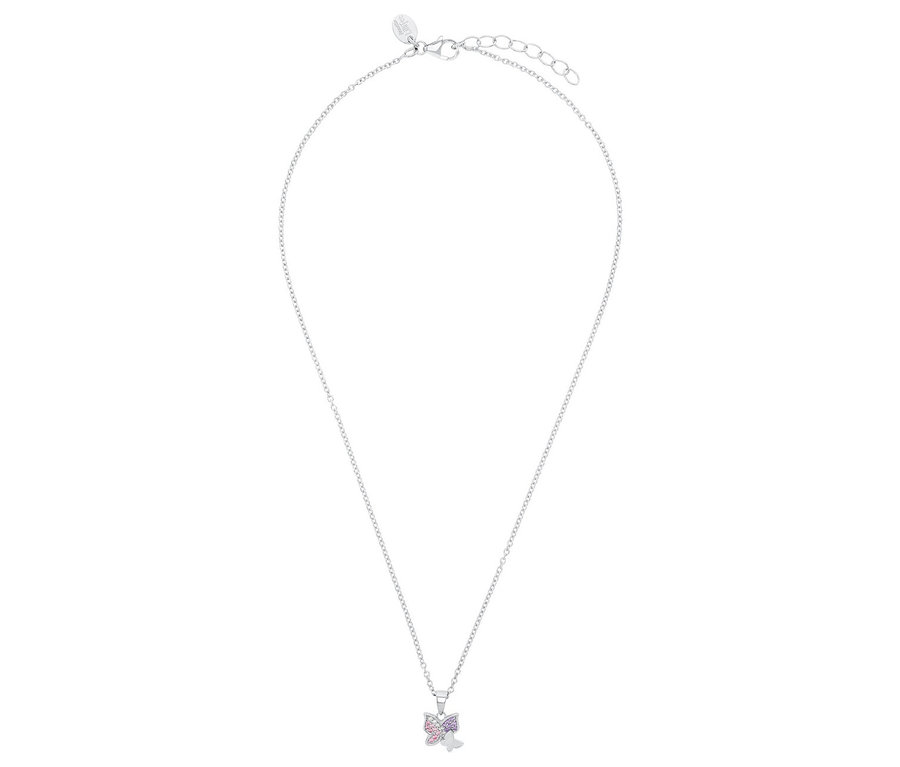 Silberne Halskette mit Schmetterlingsanhänger, verziert mit rosa und lila Akzenten.