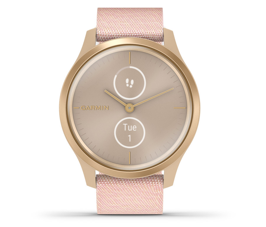 Nahaufnahme der roségoldfarbenen/weißen Garmin Vivomove Style Smartwatch.