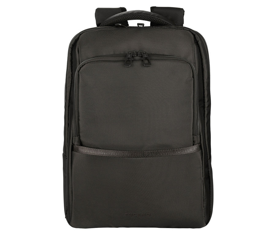 Schwarzer Laptop-Rucksack mit mehreren Fächern und Reißverschlüssen.